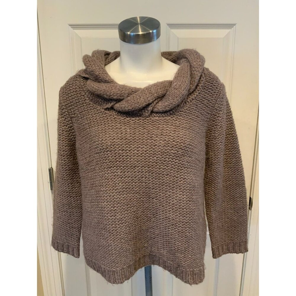 Tibi New York Light Brown Chunk Knit Sweater W/Braided Twisted Neckline, Size L